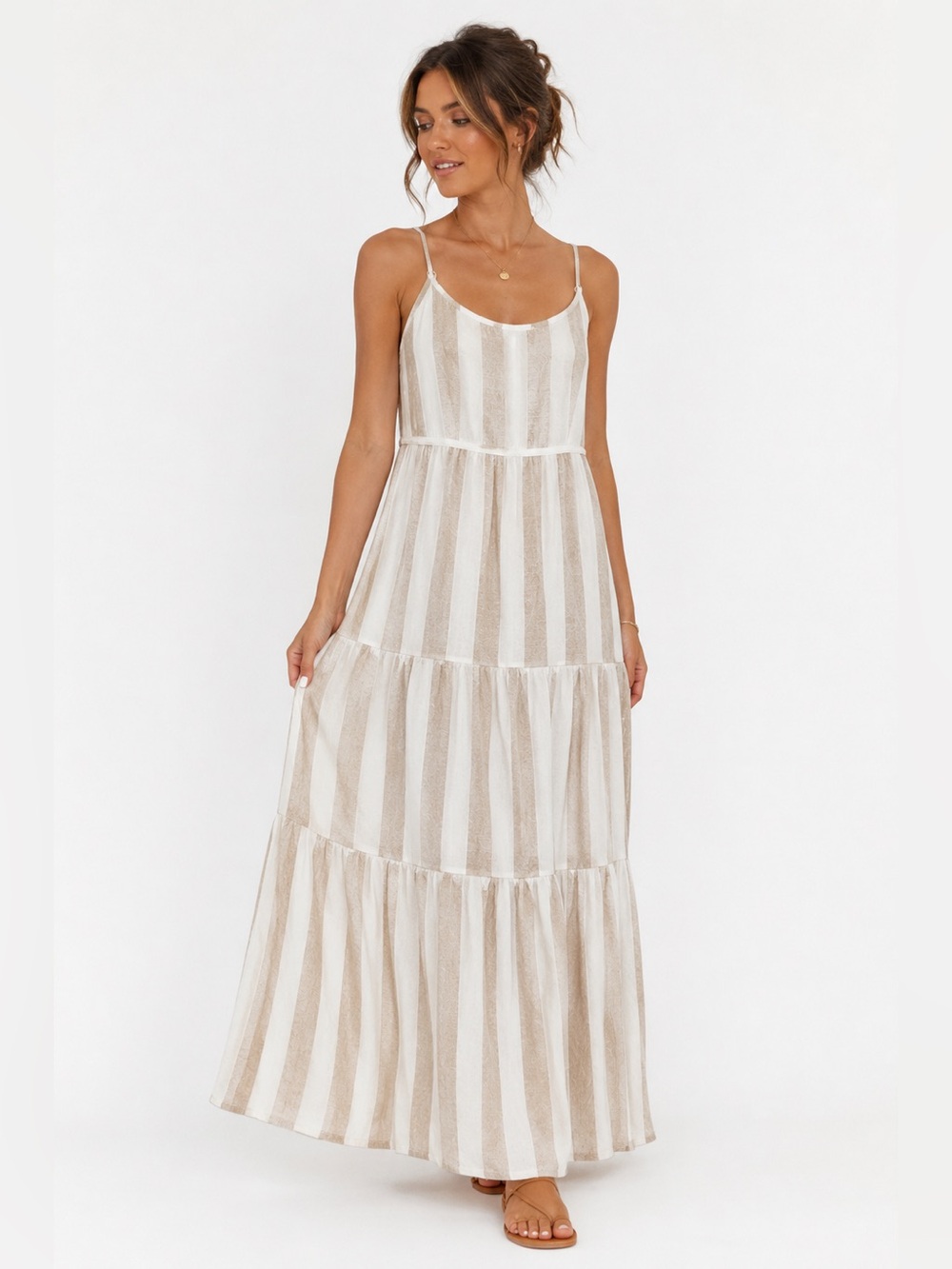 Cloth & Stone Linen Blend Stripe Tiered Maxi Dress Open Back Tie M Boho Summer
